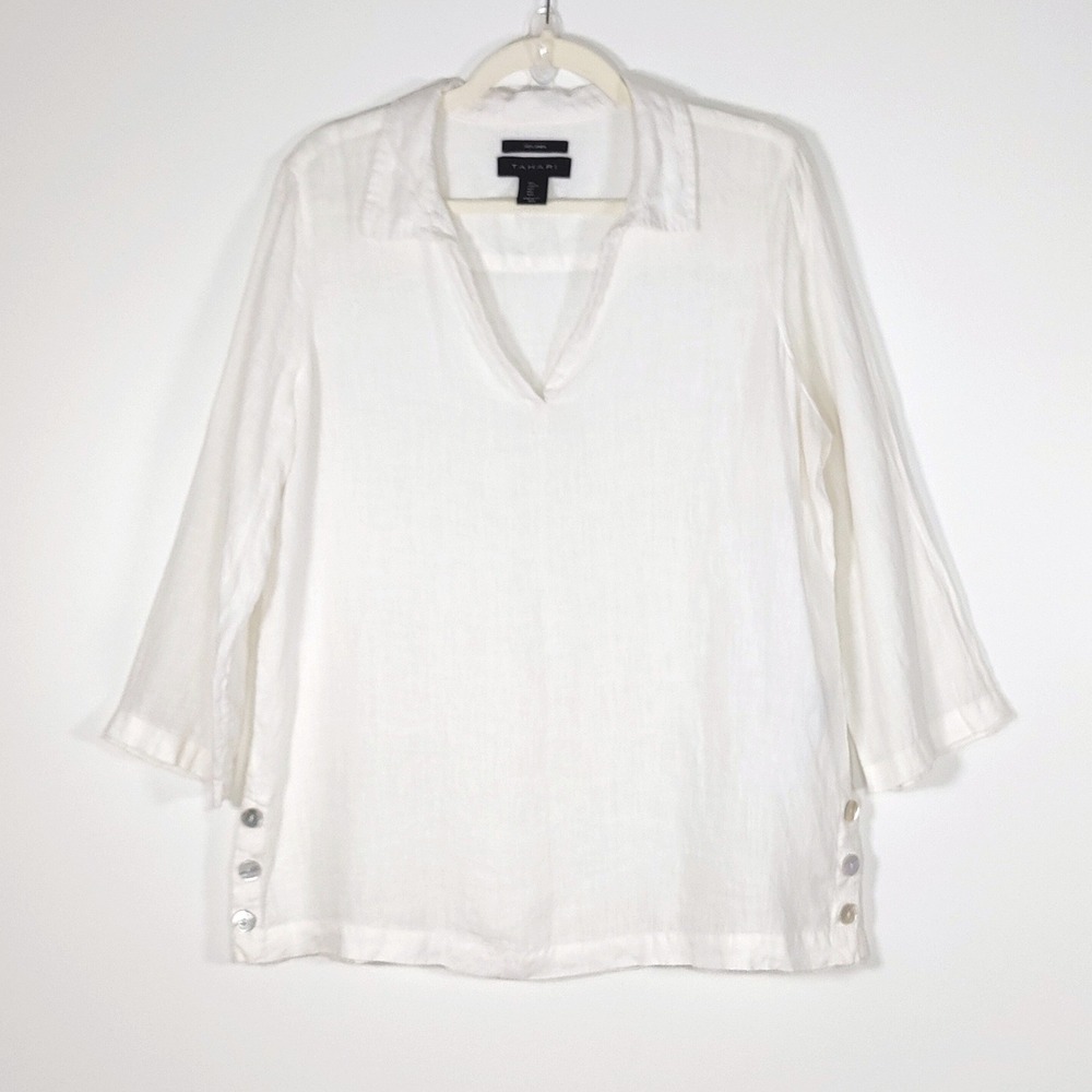 Tahari Womens 100% Linen White Tunic Blouse Shell Button L Capsule Coastal Beach